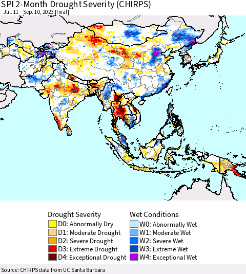Asia SPI 2-Month Drought Severity (CHIRPS) Thematic Map For 7/11/2023 - 9/10/2023