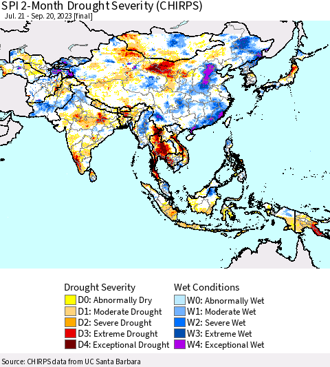 Asia SPI 2-Month Drought Severity (CHIRPS) Thematic Map For 7/21/2023 - 9/20/2023