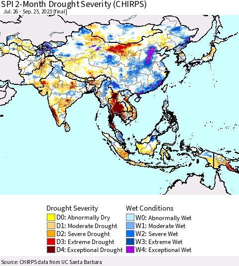 Asia SPI 2-Month Drought Severity (CHIRPS) Thematic Map For 7/26/2023 - 9/25/2023
