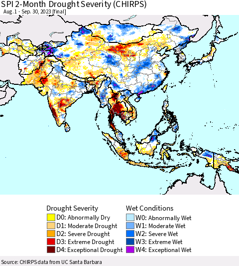 Asia SPI 2-Month Drought Severity (CHIRPS) Thematic Map For 8/1/2023 - 9/30/2023