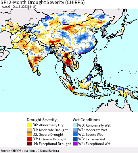 Asia SPI 2-Month Drought Severity (CHIRPS) Thematic Map For 8/6/2023 - 10/5/2023