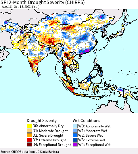 Asia SPI 2-Month Drought Severity (CHIRPS) Thematic Map For 8/16/2023 - 10/15/2023