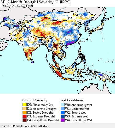 Asia SPI 2-Month Drought Severity (CHIRPS) Thematic Map For 8/21/2023 - 10/20/2023