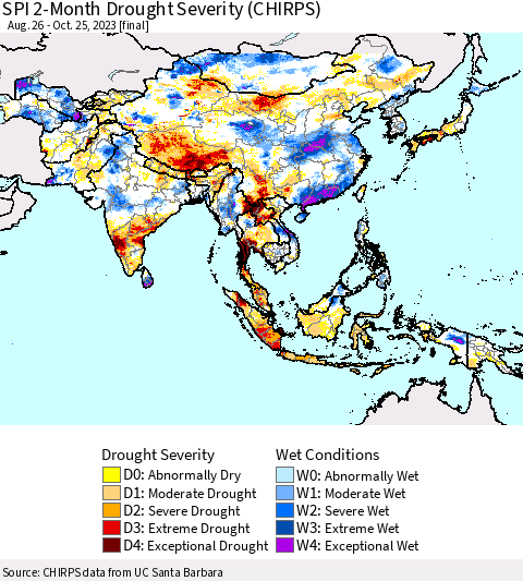 Asia SPI 2-Month Drought Severity (CHIRPS) Thematic Map For 8/26/2023 - 10/25/2023