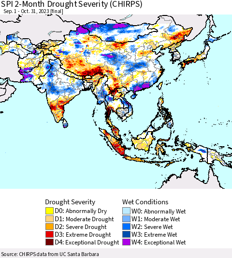 Asia SPI 2-Month Drought Severity (CHIRPS) Thematic Map For 9/1/2023 - 10/31/2023