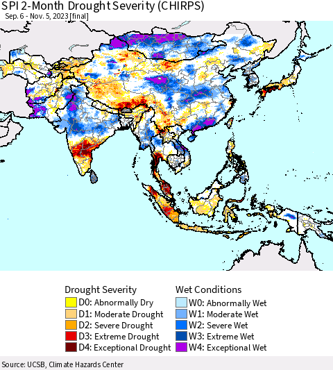 Asia SPI 2-Month Drought Severity (CHIRPS) Thematic Map For 9/6/2023 - 11/5/2023
