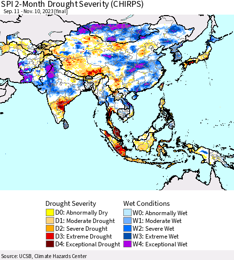 Asia SPI 2-Month Drought Severity (CHIRPS) Thematic Map For 9/11/2023 - 11/10/2023