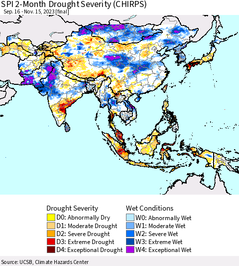 Asia SPI 2-Month Drought Severity (CHIRPS) Thematic Map For 9/16/2023 - 11/15/2023