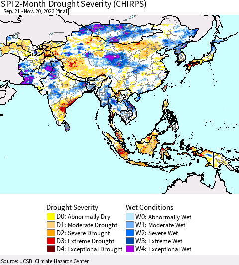 Asia SPI 2-Month Drought Severity (CHIRPS) Thematic Map For 9/21/2023 - 11/20/2023