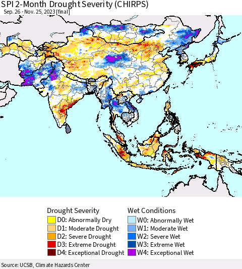 Asia SPI 2-Month Drought Severity (CHIRPS) Thematic Map For 9/26/2023 - 11/25/2023