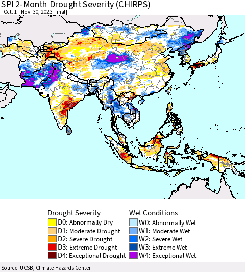 Asia SPI 2-Month Drought Severity (CHIRPS) Thematic Map For 10/1/2023 - 11/30/2023