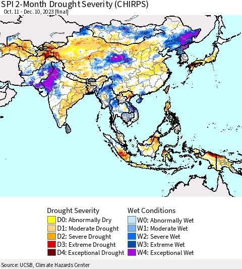 Asia SPI 2-Month Drought Severity (CHIRPS) Thematic Map For 10/11/2023 - 12/10/2023