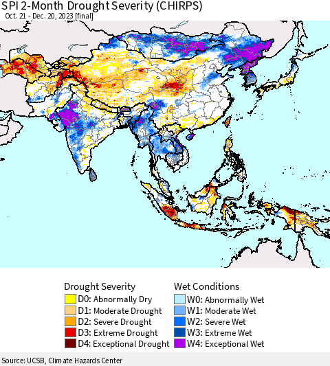 Asia SPI 2-Month Drought Severity (CHIRPS) Thematic Map For 10/21/2023 - 12/20/2023