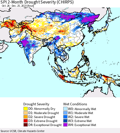 Asia SPI 2-Month Drought Severity (CHIRPS) Thematic Map For 10/26/2023 - 12/25/2023