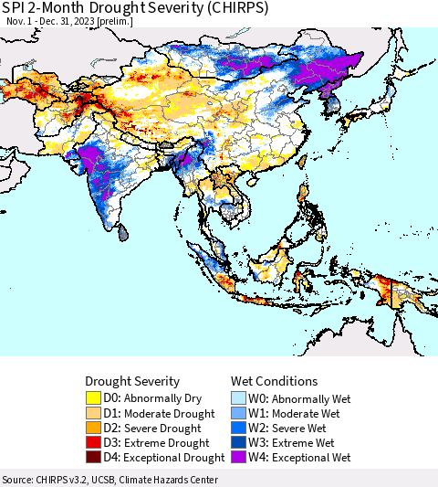 Asia SPI 2-Month Drought Severity (CHIRPS) Thematic Map For 11/1/2023 - 12/31/2023