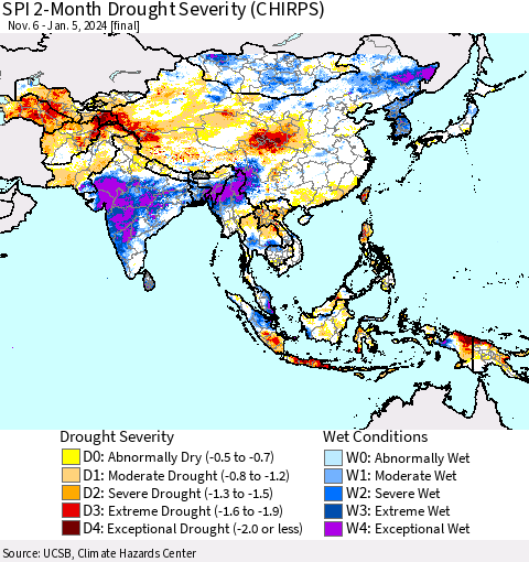 Asia SPI 2-Month Drought Severity (CHIRPS) Thematic Map For 11/6/2023 - 1/5/2024