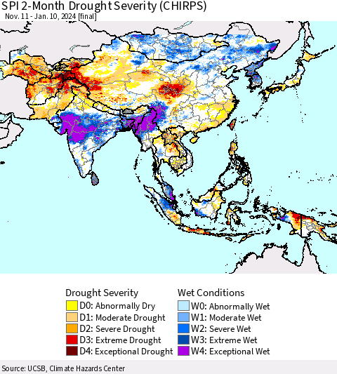 Asia SPI 2-Month Drought Severity (CHIRPS) Thematic Map For 11/11/2023 - 1/10/2024