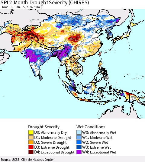 Asia SPI 2-Month Drought Severity (CHIRPS) Thematic Map For 11/16/2023 - 1/15/2024