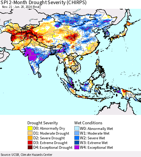 Asia SPI 2-Month Drought Severity (CHIRPS) Thematic Map For 11/21/2023 - 1/20/2024
