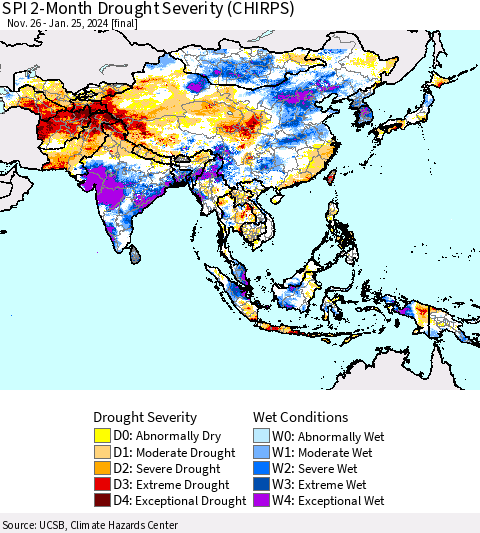 Asia SPI 2-Month Drought Severity (CHIRPS) Thematic Map For 11/26/2023 - 1/25/2024