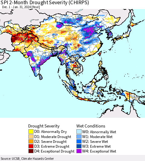 Asia SPI 2-Month Drought Severity (CHIRPS) Thematic Map For 12/1/2023 - 1/31/2024