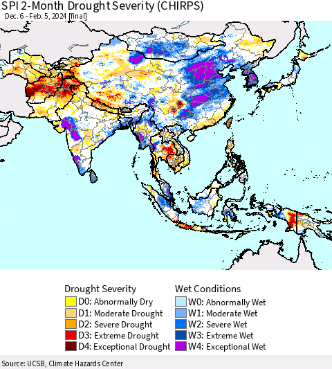Asia SPI 2-Month Drought Severity (CHIRPS) Thematic Map For 12/6/2023 - 2/5/2024