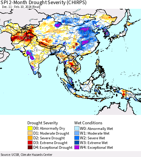 Asia SPI 2-Month Drought Severity (CHIRPS) Thematic Map For 12/11/2023 - 2/10/2024