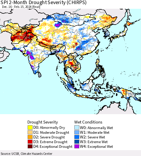 Asia SPI 2-Month Drought Severity (CHIRPS) Thematic Map For 12/16/2023 - 2/15/2024