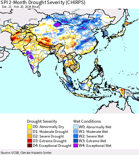 Asia SPI 2-Month Drought Severity (CHIRPS) Thematic Map For 12/21/2023 - 2/20/2024