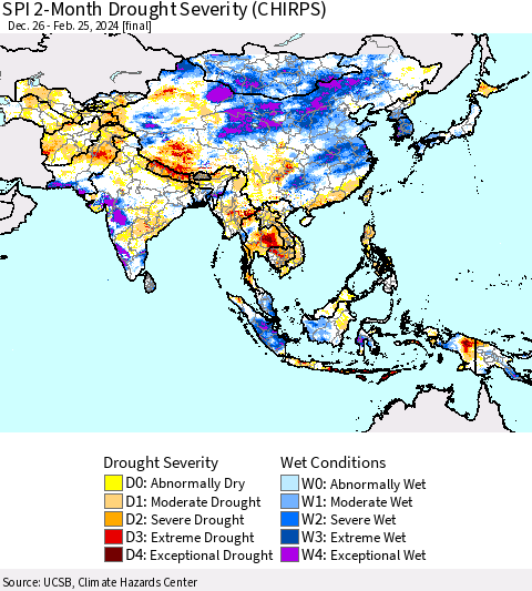 Asia SPI 2-Month Drought Severity (CHIRPS) Thematic Map For 12/26/2023 - 2/25/2024