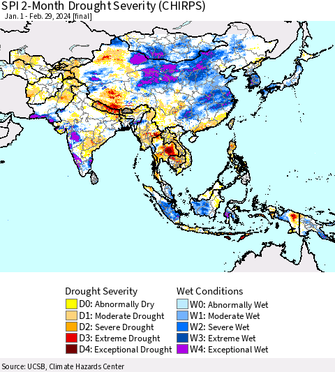 Asia SPI 2-Month Drought Severity (CHIRPS) Thematic Map For 1/1/2024 - 2/29/2024
