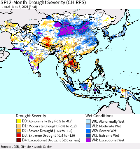 Asia SPI 2-Month Drought Severity (CHIRPS) Thematic Map For 1/6/2024 - 3/5/2024