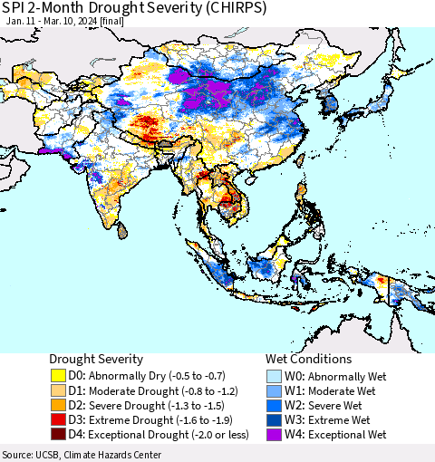 Asia SPI 2-Month Drought Severity (CHIRPS) Thematic Map For 1/11/2024 - 3/10/2024