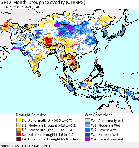 Asia SPI 2-Month Drought Severity (CHIRPS) Thematic Map For 1/16/2024 - 3/15/2024
