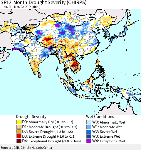 Asia SPI 2-Month Drought Severity (CHIRPS) Thematic Map For 1/21/2024 - 3/20/2024
