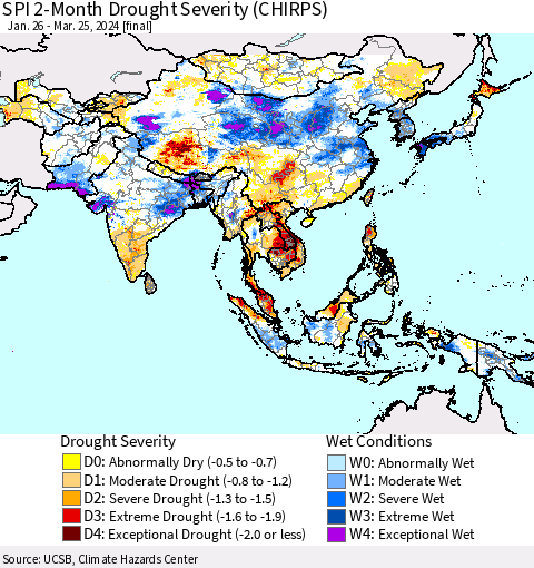 Asia SPI 2-Month Drought Severity (CHIRPS) Thematic Map For 1/26/2024 - 3/25/2024