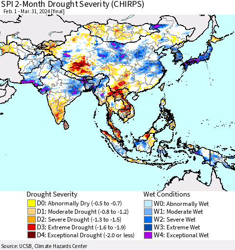 Asia SPI 2-Month Drought Severity (CHIRPS) Thematic Map For 2/1/2024 - 3/31/2024
