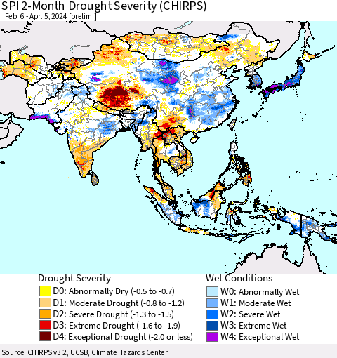 Asia SPI 2-Month Drought Severity (CHIRPS) Thematic Map For 2/6/2024 - 4/5/2024