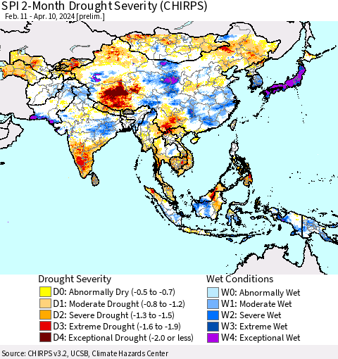 Asia SPI 2-Month Drought Severity (CHIRPS) Thematic Map For 2/11/2024 - 4/10/2024