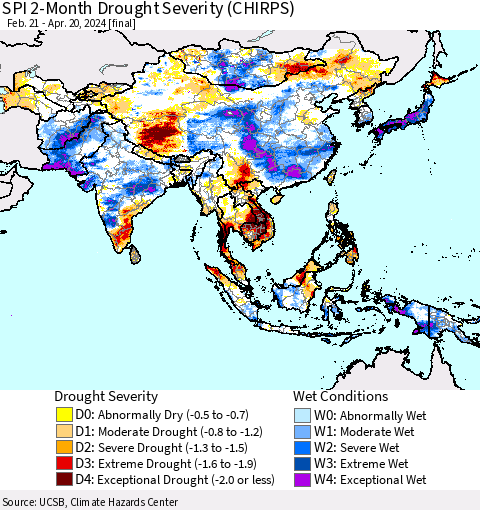 Asia SPI 2-Month Drought Severity (CHIRPS) Thematic Map For 2/21/2024 - 4/20/2024