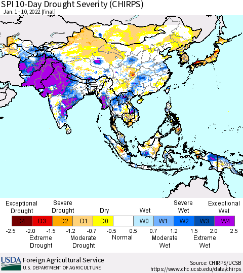 Asia SPI 10-Day Drought Severity (CHIRPS) Thematic Map For 1/1/2022 - 1/10/2022