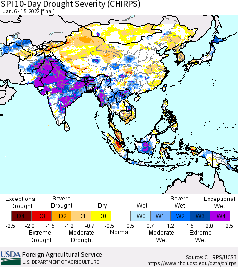 Asia SPI 10-Day Drought Severity (CHIRPS) Thematic Map For 1/6/2022 - 1/15/2022