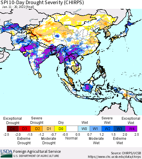 Asia SPI 10-Day Drought Severity (CHIRPS) Thematic Map For 1/11/2022 - 1/20/2022