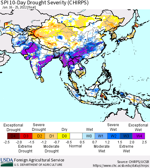 Asia SPI 10-Day Drought Severity (CHIRPS) Thematic Map For 1/16/2022 - 1/25/2022