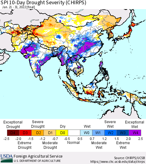 Asia SPI 10-Day Drought Severity (CHIRPS) Thematic Map For 1/21/2022 - 1/31/2022