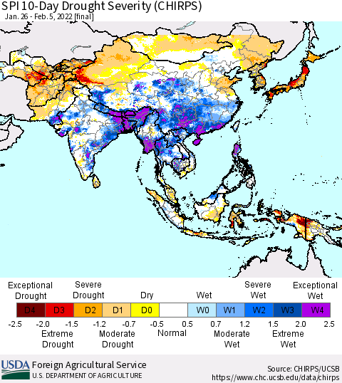 Asia SPI 10-Day Drought Severity (CHIRPS) Thematic Map For 1/26/2022 - 2/5/2022
