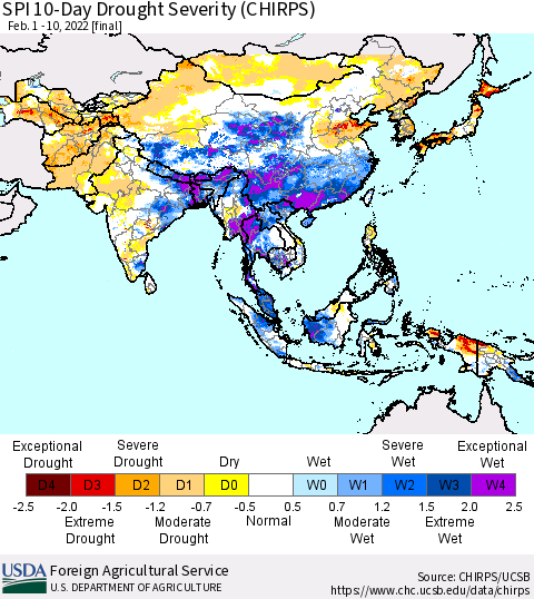 Asia SPI 10-Day Drought Severity (CHIRPS) Thematic Map For 2/1/2022 - 2/10/2022