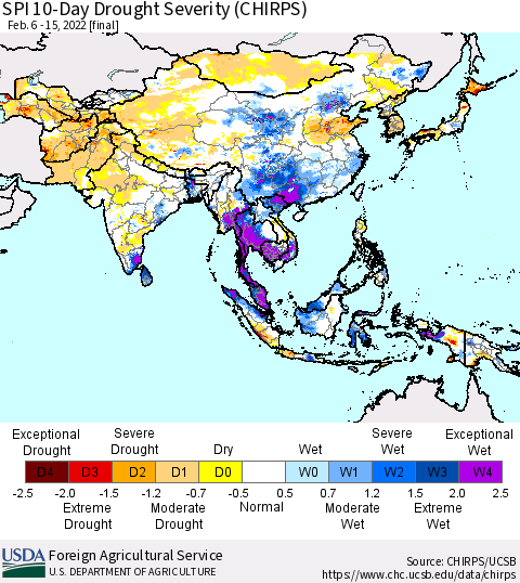 Asia SPI 10-Day Drought Severity (CHIRPS) Thematic Map For 2/6/2022 - 2/15/2022