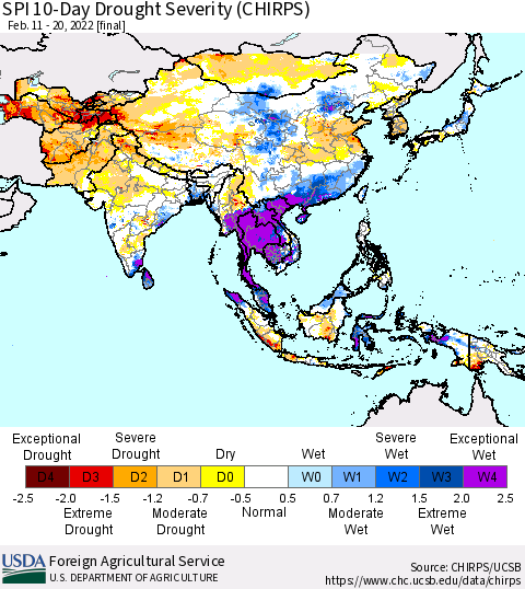 Asia SPI 10-Day Drought Severity (CHIRPS) Thematic Map For 2/11/2022 - 2/20/2022