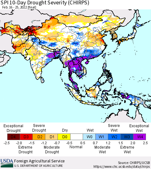 Asia SPI 10-Day Drought Severity (CHIRPS) Thematic Map For 2/16/2022 - 2/25/2022